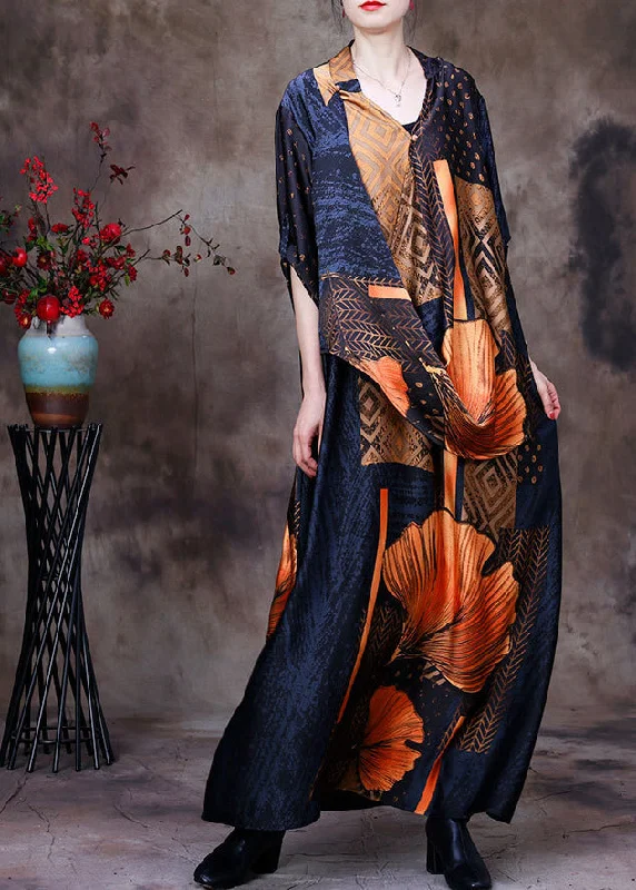 elegant shift dressFashion Yellow V Neck Asymmetrical Patchwork 2024 Silk Long Dress Half Sleeve