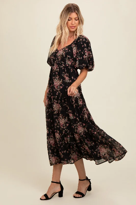 textured dressBlack Floral Tiered Puff Sleeve Maxi Dress