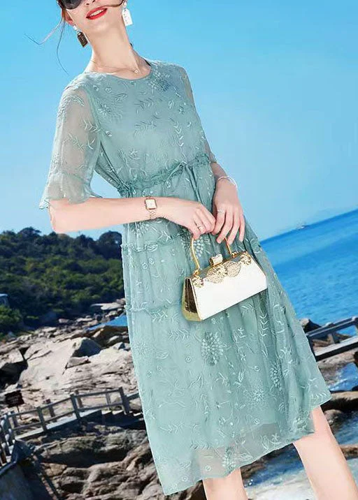 flowy evening dressBohemian Blue O-Neck Embroideried Ruffled Tie Waist Silk Dress Summer