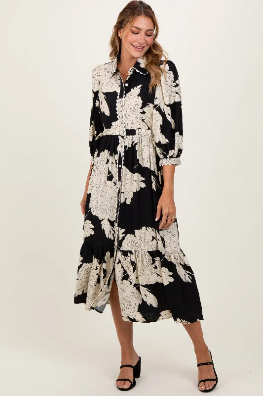 casual knit dressBlack Floral Print Cinched Tie Waist Shirt Dress