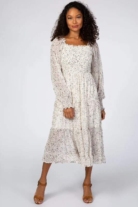 winter dressIvory Floral Smocked Front Ruffle Hem Midi Dress