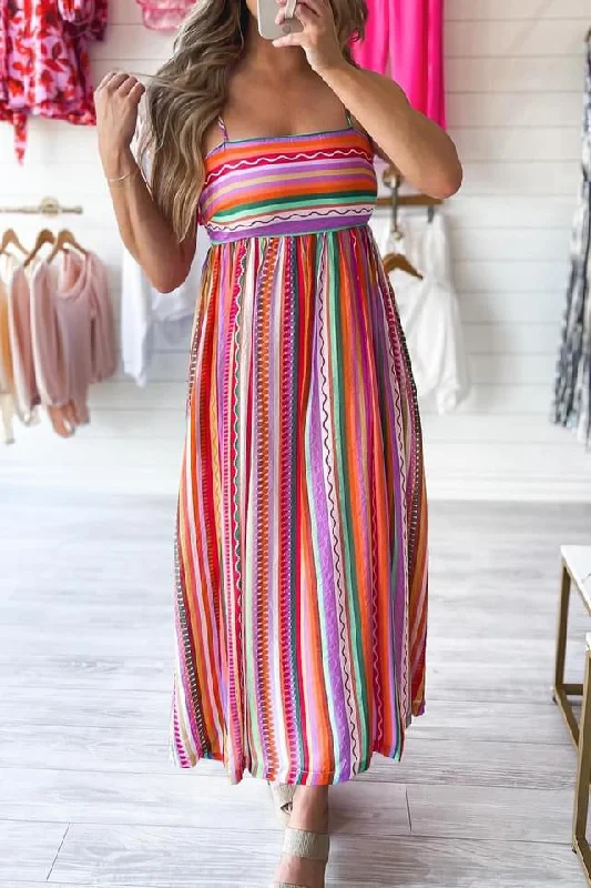 puff sleeve dressMulticolour Striped Thin Straps Smocked Back Boho Maxi Dress