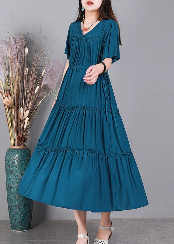 elegant dressHandmade Peacock Blue V Neck Solid Color Cotton Maxi Dresses Short Sleeve