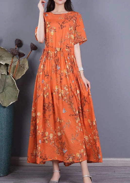 boho-chic dressWomen Orange Cinched Print Cotton Long Dress Short Sleeve