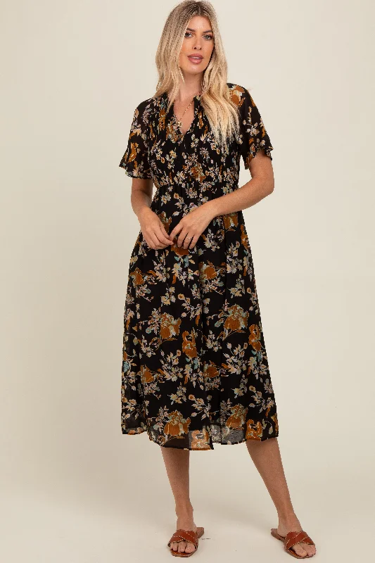 stylish dressBlack Smocked Floral Midi Dress