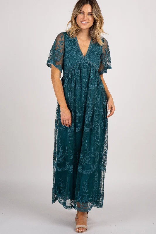 spaghetti strap dressDark Turquoise Lace Mesh Overlay Maxi Dress