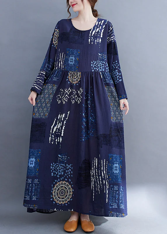 comfy maxi dressPlus Size Blue O-Neck wrinkled Print vacation Dresses Long Sleeve