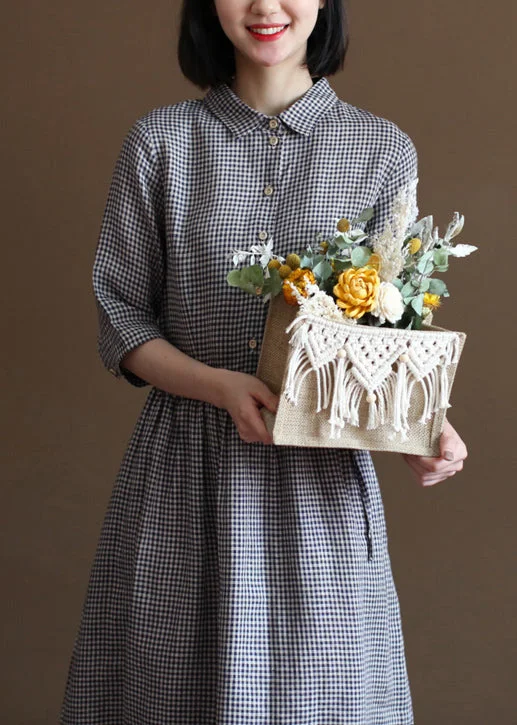 form-fitting dressFitted Navy Peter Pan Collar Cinched Plaid Linen Dresses Half Sleeve