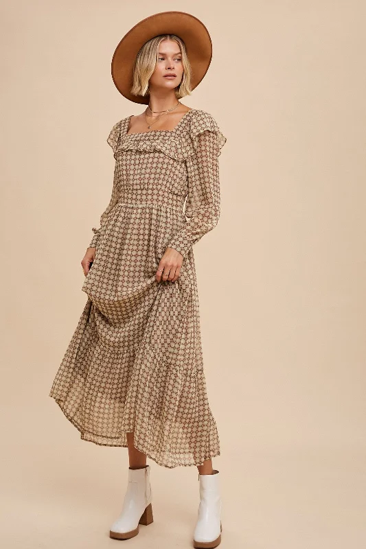 boho-chic dressBrown Geometric Print Square Neck Midi Dress