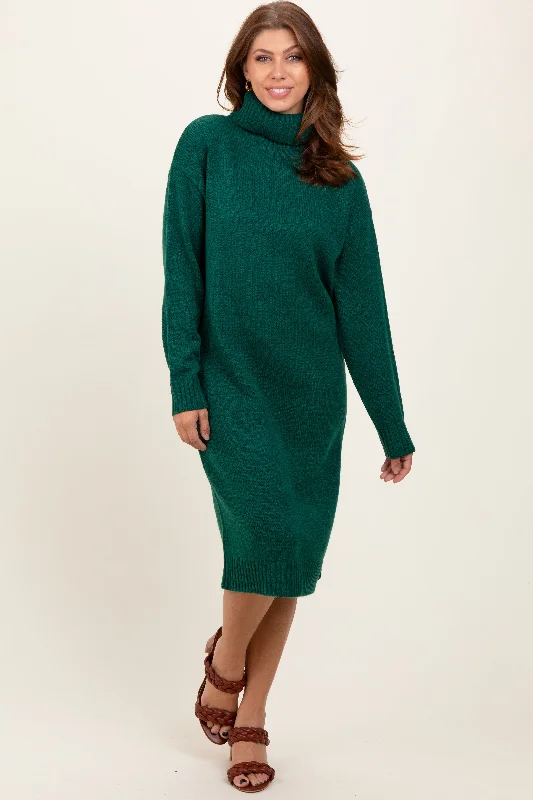 ashionable dressForest Green Turtleneck Side Slit Midi Sweater Dress