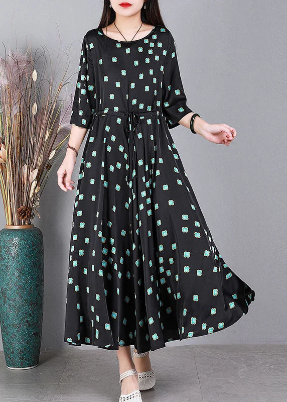 bohemian dressCasual Black O-Neck Floral Print Drawstring Exra Large Hem Silk Cinch Dress Half Sleeve