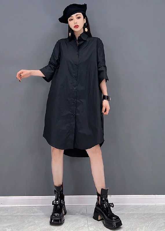 fitted cocktail dressPlus Size Black Original Design Peter Pan Collar Tulle Patchwork Cotton Shirt Dresses Long Sleeve