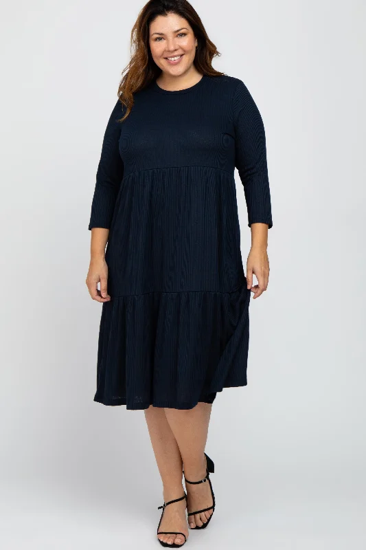 structured dressNavy Tiered Ribbed 3/4 Sleeve Plus Midi Dress