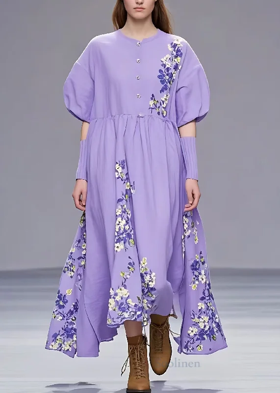 minimalistic dressFrench Purple Button Print Cotton Long Dresses Summer