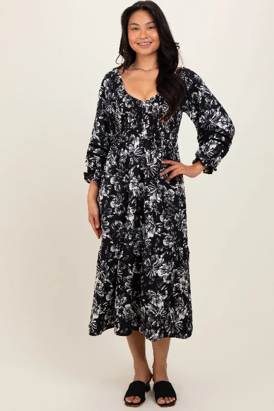 long sleeve dressBlack Floral Smocked 3/4 Sleeve Tiered Midi Dress