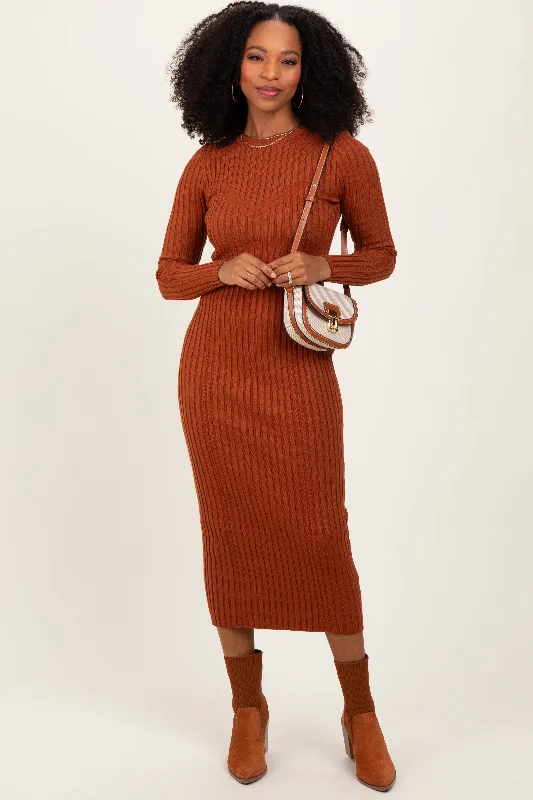 silk dressRust Contrast Ribbed Knit Midi Dress