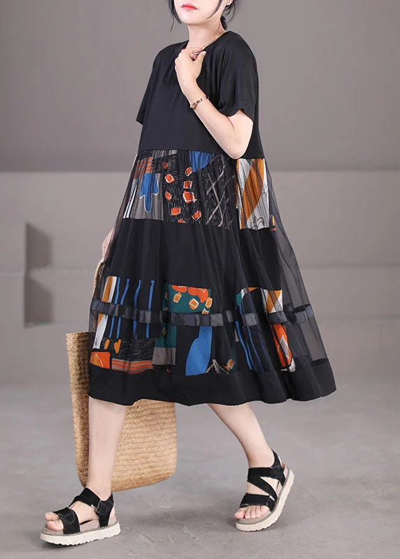 chic shift dressFine Black O-Neck Tulle Patchwork Print Cotton Party Dress Short Sleeve