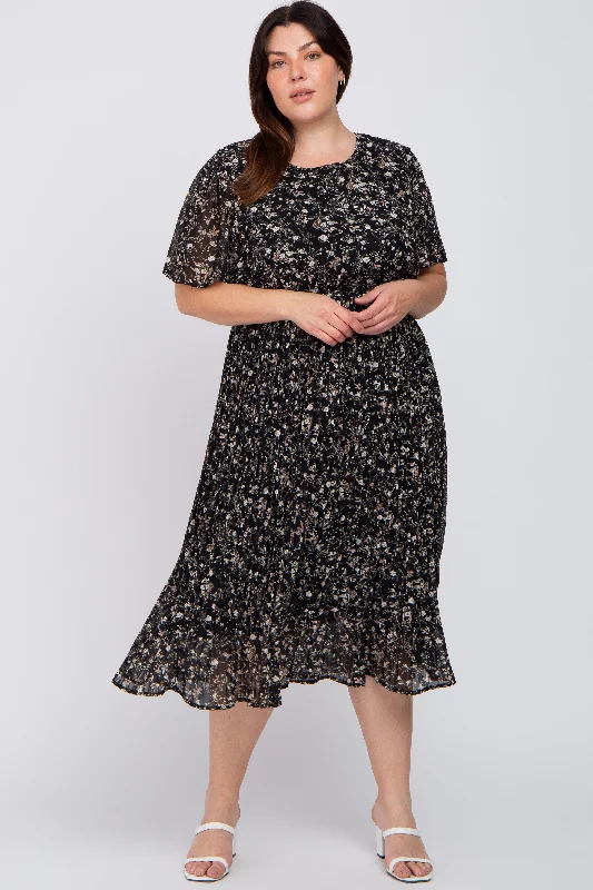 silk dressBlack Floral Pleated Chiffon Plus Midi Dress