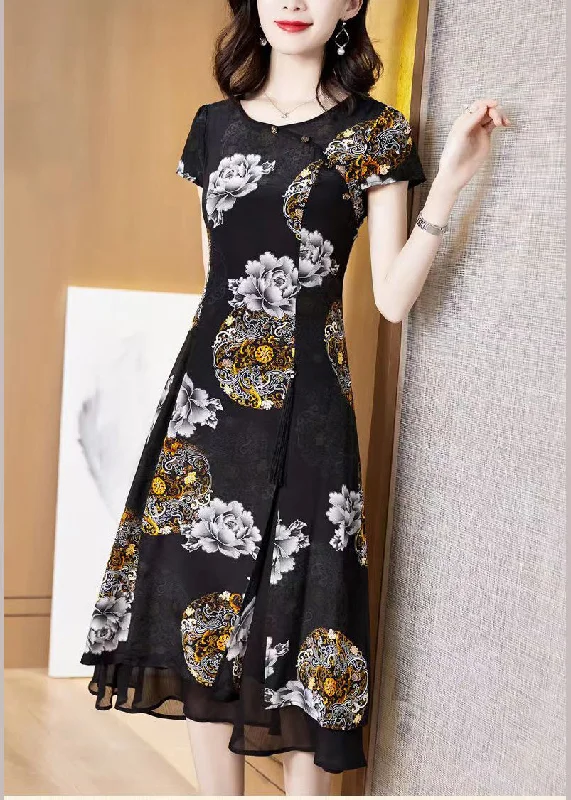 silk dressClassy Black O-Neck Print Layered Design Silk Holiday Dress Short Sleeve