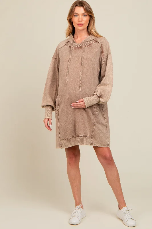 fitted bodycon dressMocha Mineral Wash Maternity Hoodie Dress