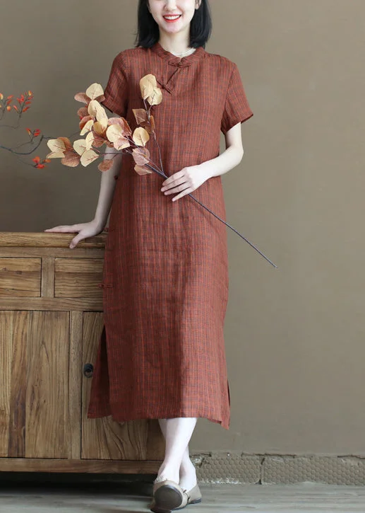 fitted dressArt Orange Stand Collar Plaid Side Open Linen Cheongsam Dresses Short Sleeve