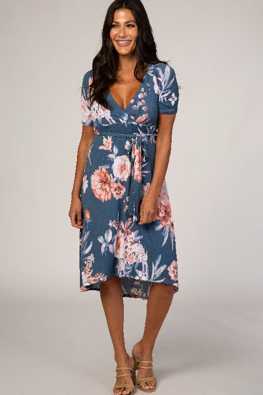 fitted cocktail dressBlue Floral Draped Hi-Low Dress