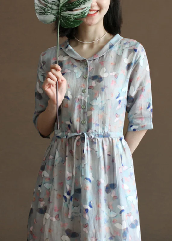 bodycon dressCute Grey Blue Peter Pan Collar Tie Waist Floral Print Linen Vacation Dresses Half Sleeve