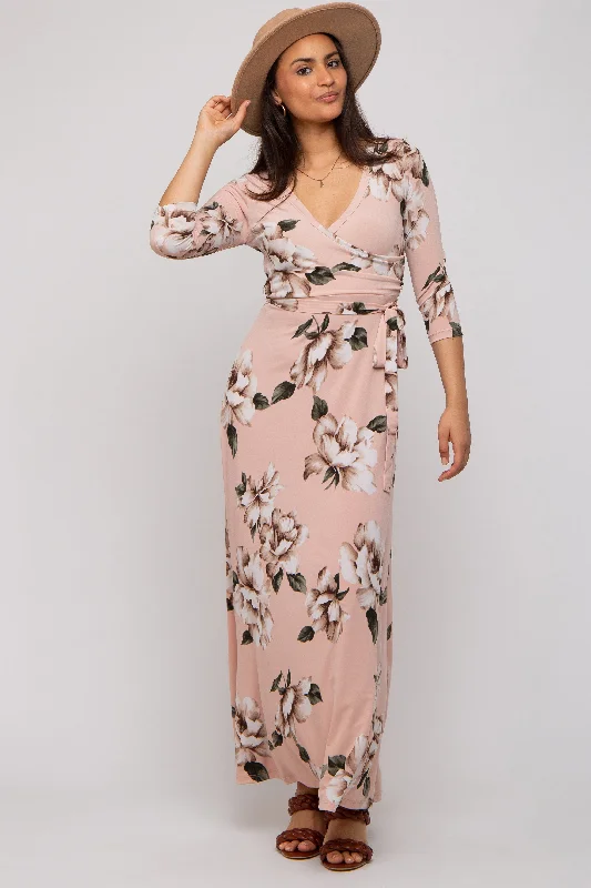 boho dressLight Pink Floral Wrap Maxi Dress