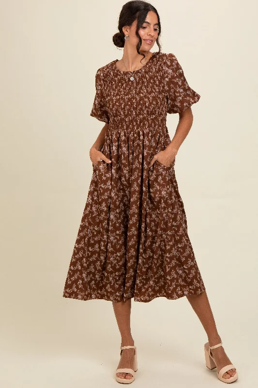 casual shift dressBrown Floral Smocked Midi Dress