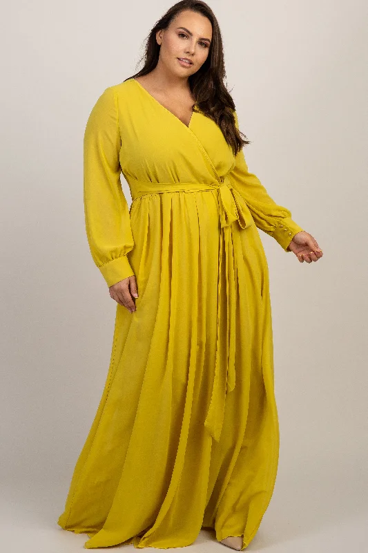 casual slip dressYellow Chiffon Long Sleeve Plus Maxi Dress