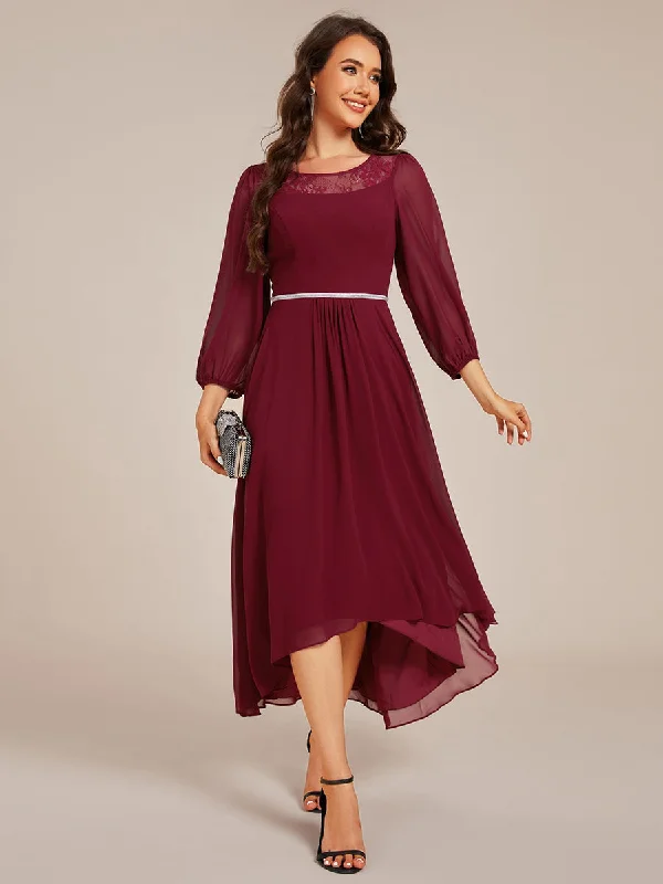 floral midi dressElegant Round Neck Smocking Midi Length Chiffon Wedding Guest Dresses with Asymmetrical Hem