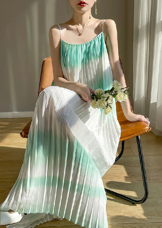 wrap-around dressBohemian Green Wrinkled Cotton Spaghetti Strap Dress Sleeveless