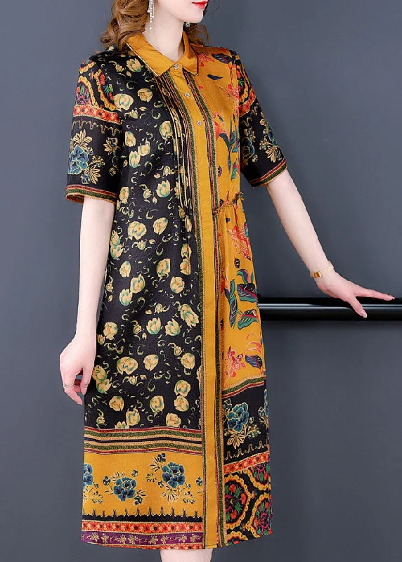 spaghetti strap dressElegant Yellow Peter Pan Collar Print Silk Shirt Dress For Women Short Sleeve