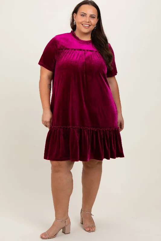 high-waisted dressBurgundy Ruffle Accent Velvet Plus Dress