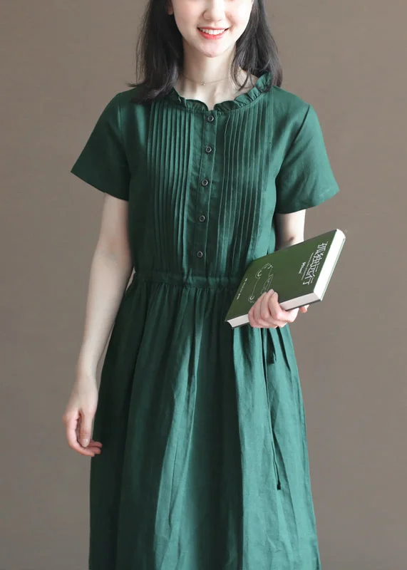 t-shirt dressBeautiful Blackish Green Ruffled Wrinkled Drawstring Cotton Dress Short Sleeve