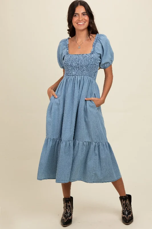 flowy evening dressLight Blue Vintage Wash Chambray Smocked Midi Dress