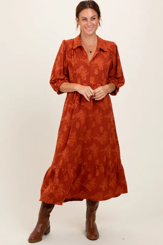 layered dressDark Orange Floral Applique Collared Midi Dress