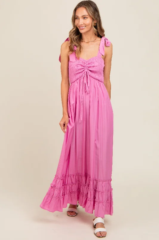 draped dressPink Sweetheart Neck Smocked Shoulder Tie Maxi Dress