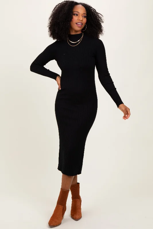 stylish party dressBlack Mock Neck Ribbed Sweater Dress