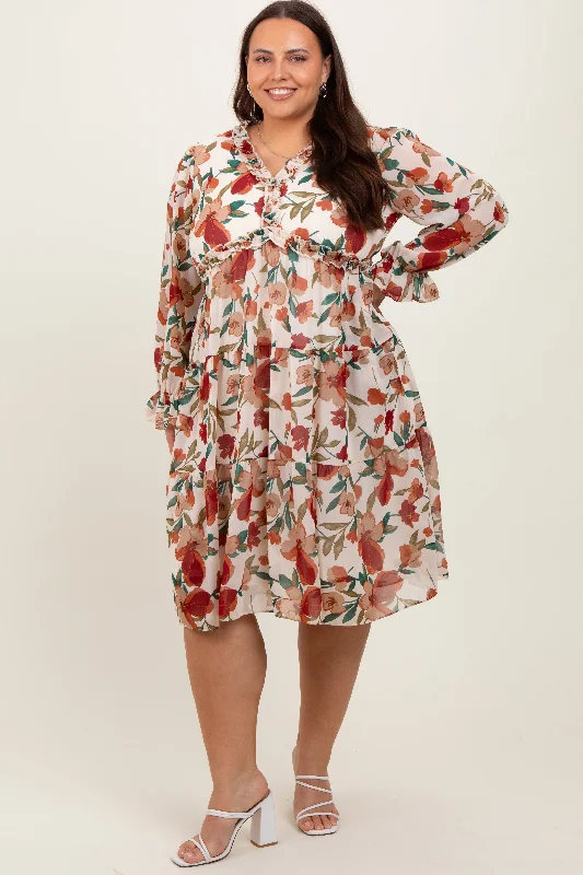 trendy bodycon dressIvory Floral Ruffle V-Neck Plus Dress