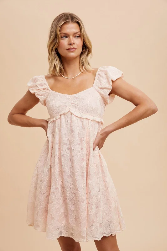 boho-chic dressLight Pink Floral Lace Embroidered Puff Sleeve Dress