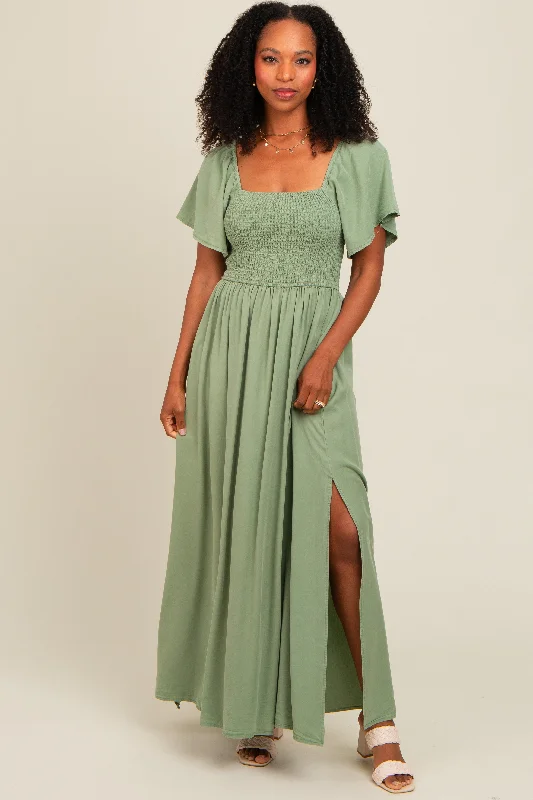 boho dressLight Olive Chambray Smocked Maxi Dress