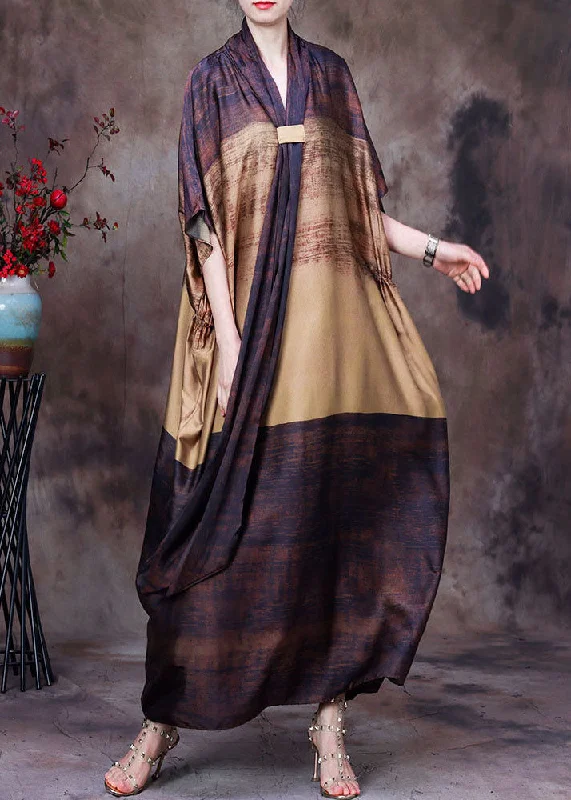 trendy bodycon dressElegant Chocolate Yellow Bow Print Silk Loose Ankle Dress Batwing Sleeve