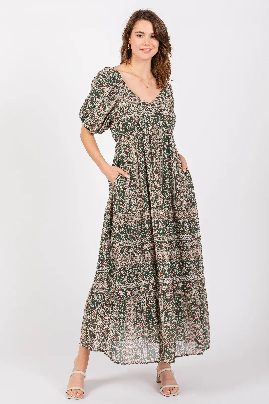 sleek dressForest Green V-Neck 3/4 Sleeve Maxi Dress