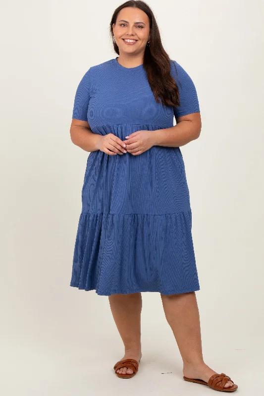 pleated dressBlue Ribbed Tiered Plus Dress