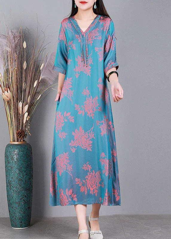 summer dressFashion Lake Blue V Neck Jacquard Tassel Silk Holiday Dress Half Sleeve