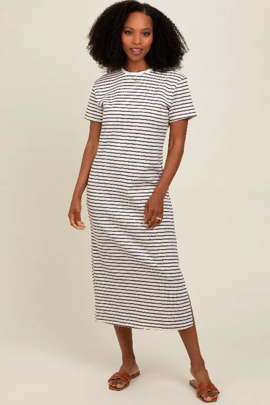 boho dressNavy Striped Short Sleeve T-Shirt Midi Dress