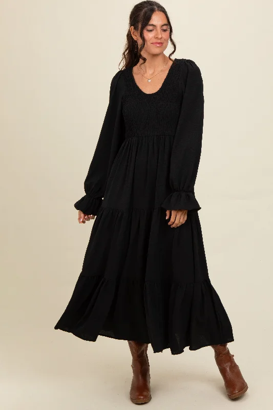 off-shoulder dressBlack Smocked Tiered Long Sleeve Maxi Dress