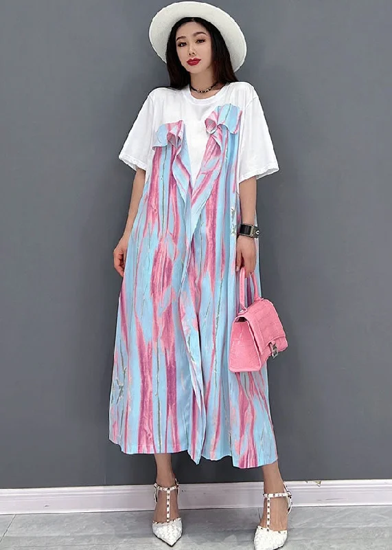 off-the-shoulder dressFine Pink Asymmetrical Patchwork Ruffles Cotton Holiday Dress Short Sleeve