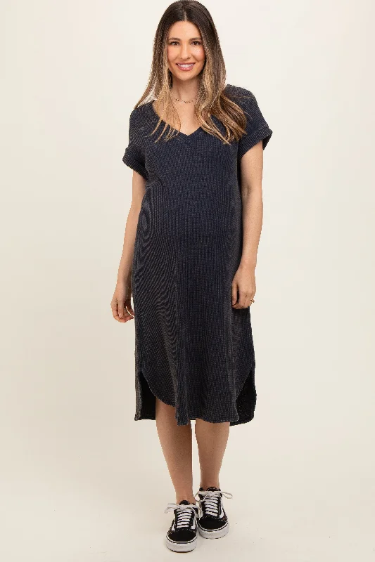 elegant dressNavy Blue Waffle Knit Short Sleeve Maternity Dress